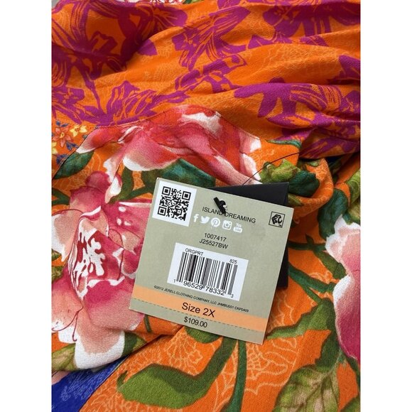 John Mark Plus Top 2X Split V Neck 3/4 sleeve Tie Front Orange Floral NEW $109 - Picture 8 of 10